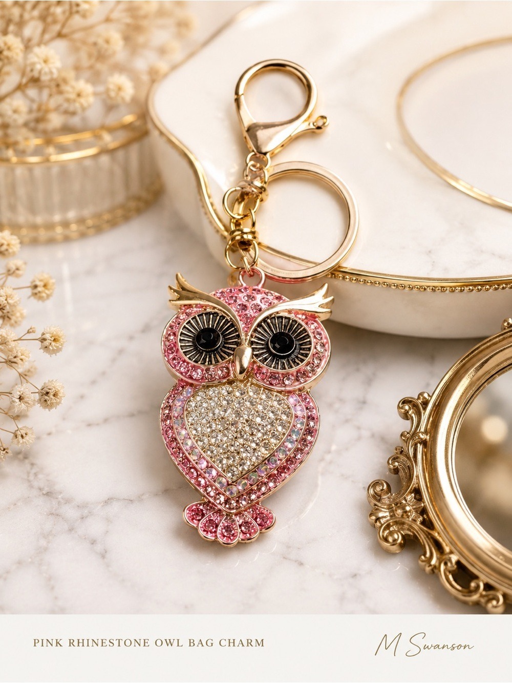 NEW Pink Rhinestone Owl Bag Charm Keychain Gold Tone Sparkle